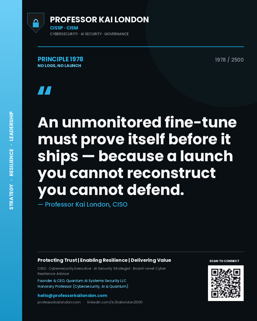 Quote card by Professor Kai London reading 'An unmonitored fine-tune must prove itself before it ships — because a launch you cannot reconstruct you cannot defend.'. From the book No Logs, No Launch.