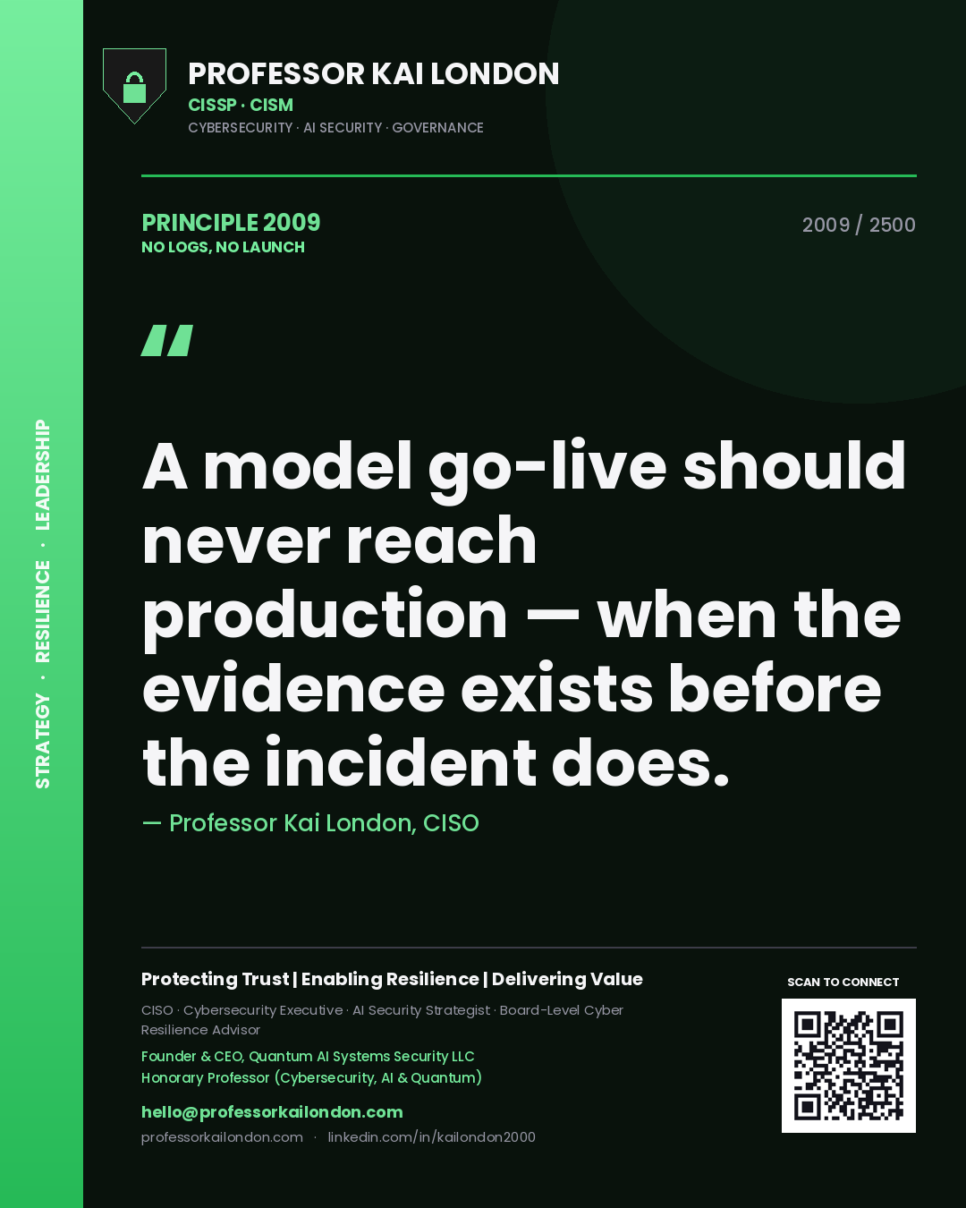 Quote card by Professor Kai London reading 'A model go-live should never reach production — when the evidence exists before the incident does.'. From the book No Logs, No Launch.
