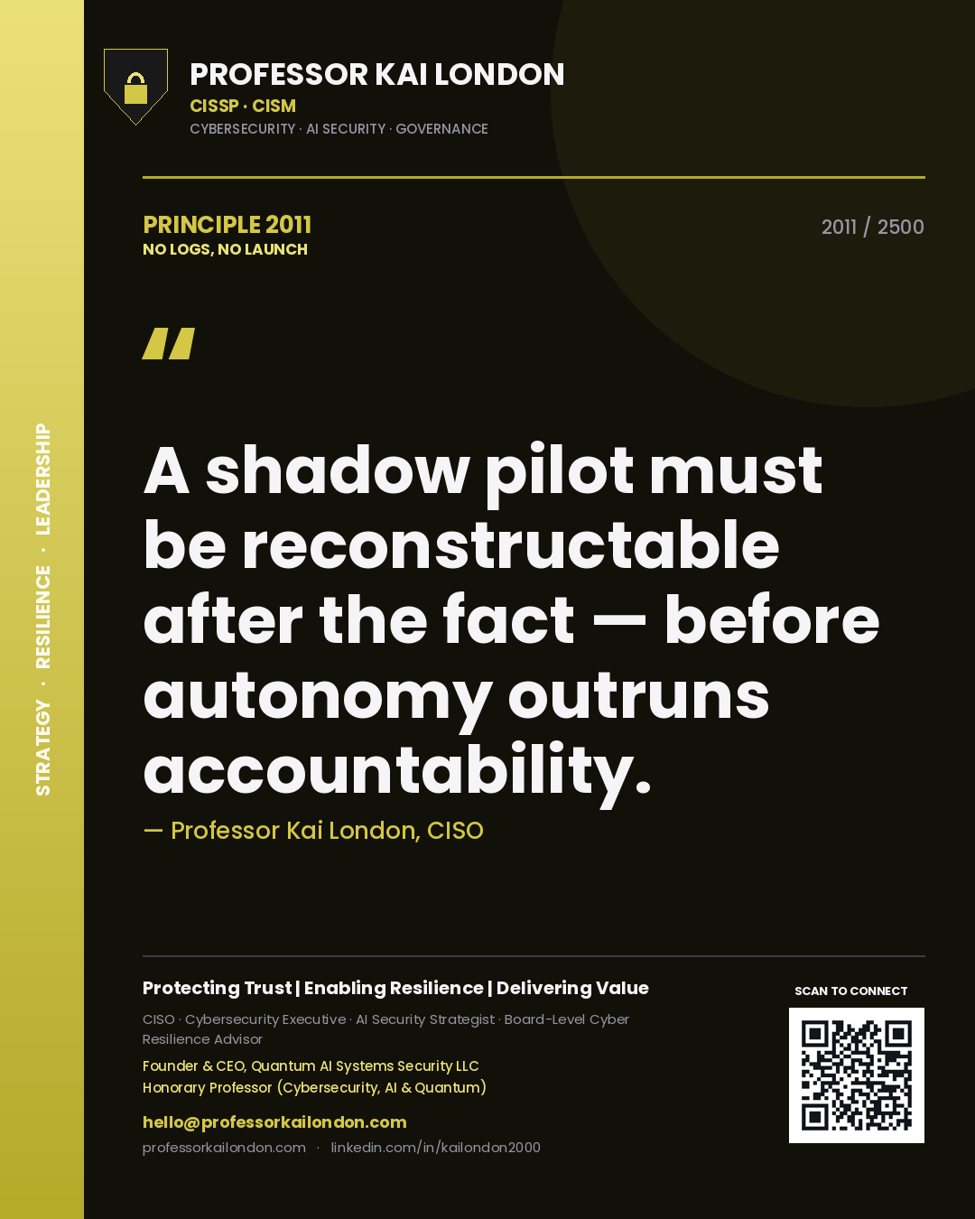 Professor Kai London principle 2011: A shadow pilot must be reconstructable after the fact — before autonomy outruns accountability.