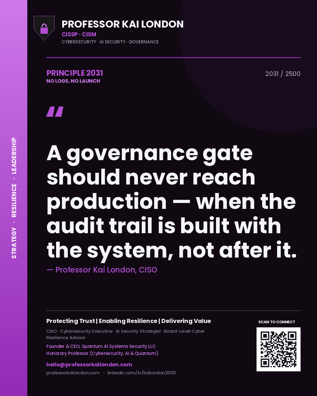 Professor Kai London principle 2031: A governance gate should never reach production — when the audit trail is built with the system, not after it.