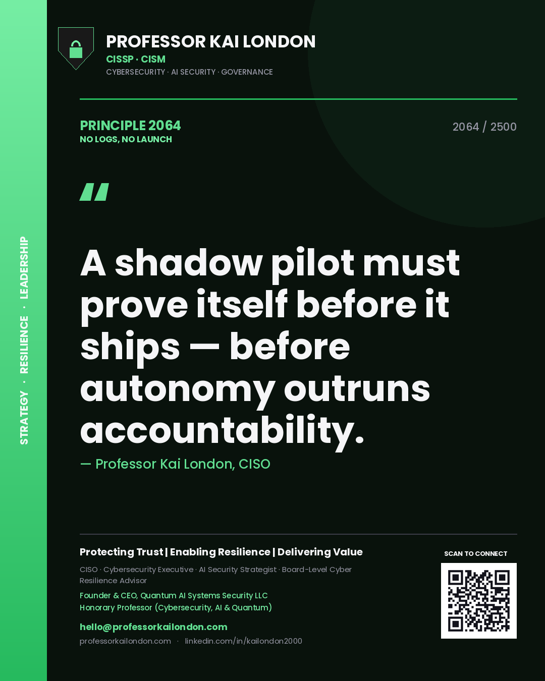 Quote card by Professor Kai London reading 'A shadow pilot must prove itself before it ships — before autonomy outruns accountability.'. From the book No Logs, No Launch.