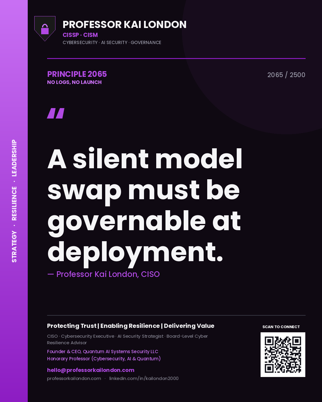 Quote card by Professor Kai London reading 'A silent model swap must be governable at deployment.'. From the book No Logs, No Launch.