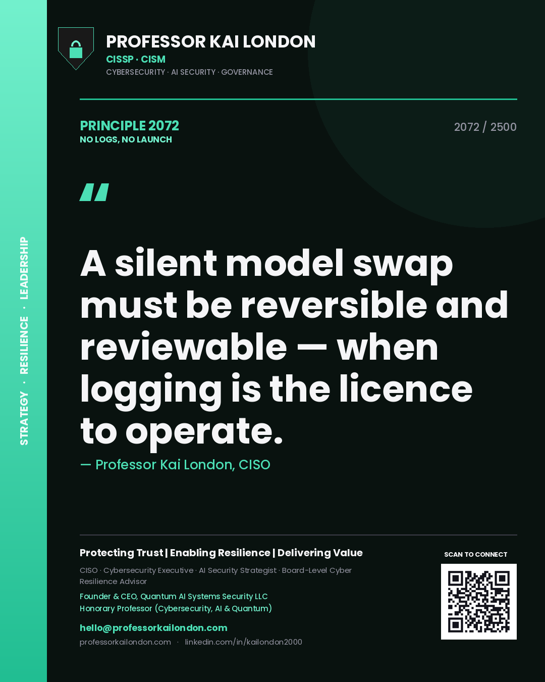Quote card by Professor Kai London reading 'A silent model swap must be reversible and reviewable — when logging is the licence to operate.'. From the book No Logs, No Launch.