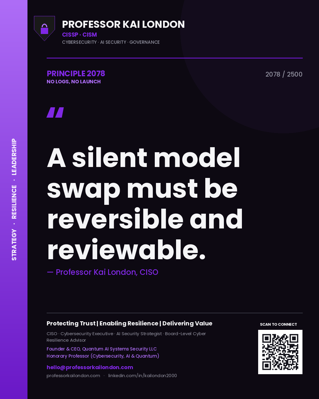 Quote card by Professor Kai London reading 'A silent model swap must be reversible and reviewable.'. From the book No Logs, No Launch.