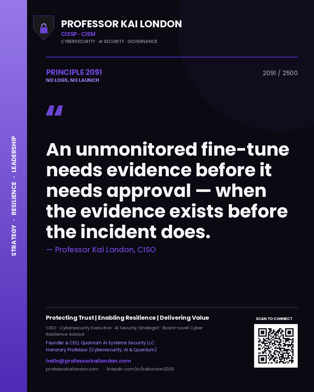 Professor Kai London principle 2091: An unmonitored fine-tune needs evidence before it needs approval — when the evidence exists before the incident does.