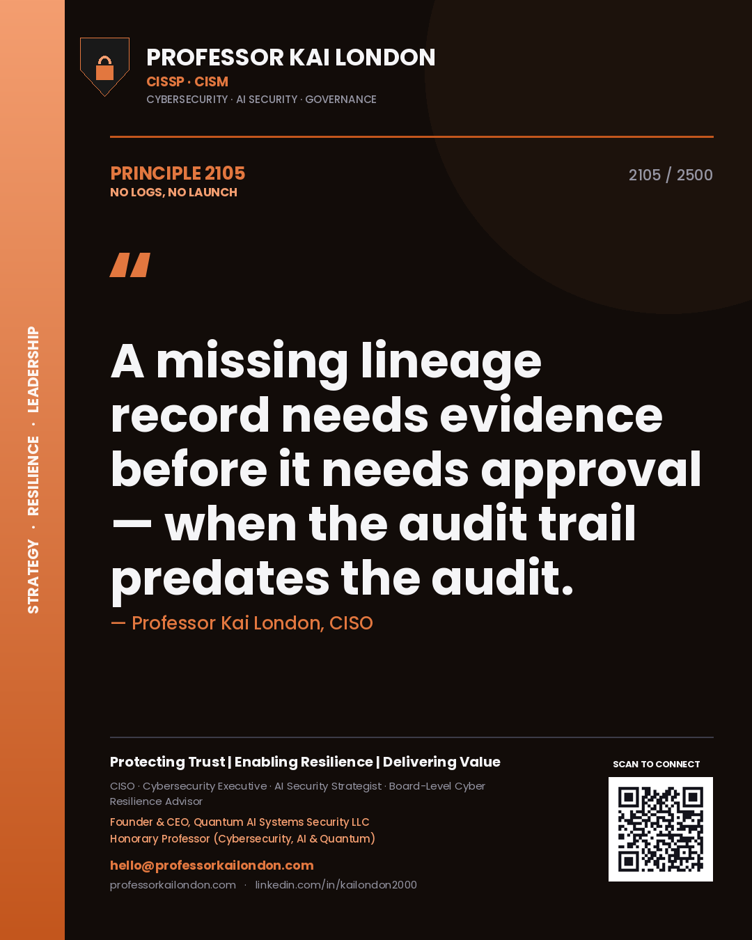 Quote card by Professor Kai London reading 'A missing lineage record needs evidence before it needs approval — when the audit trail predates the audit.'. From the book No Logs, No Launch.