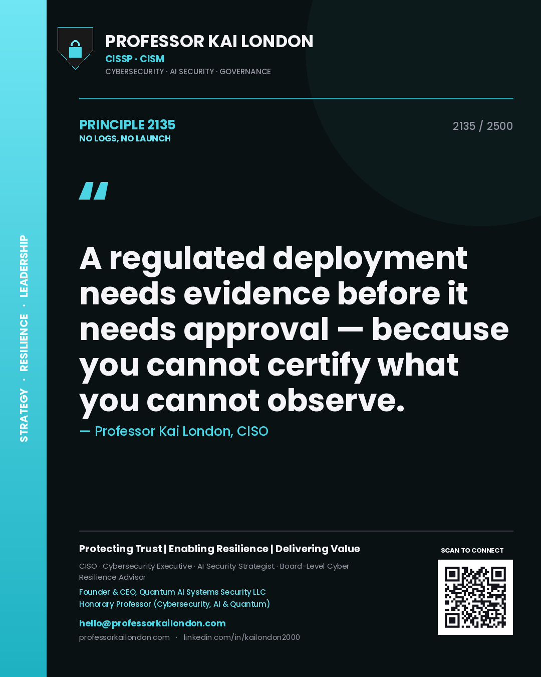 Quote card by Professor Kai London reading 'A regulated deployment needs evidence before it needs approval — because you cannot certify what you cannot observe.'. From the book No Logs, No Launch.