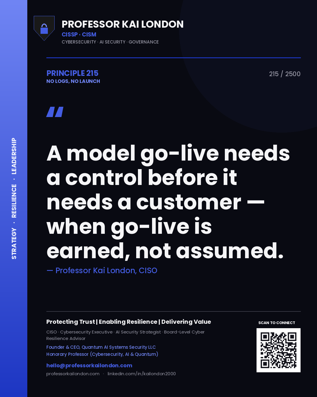 Professor Kai London principle 215: A model go-live needs a control before it needs a customer — when go-live is earned, not assumed.