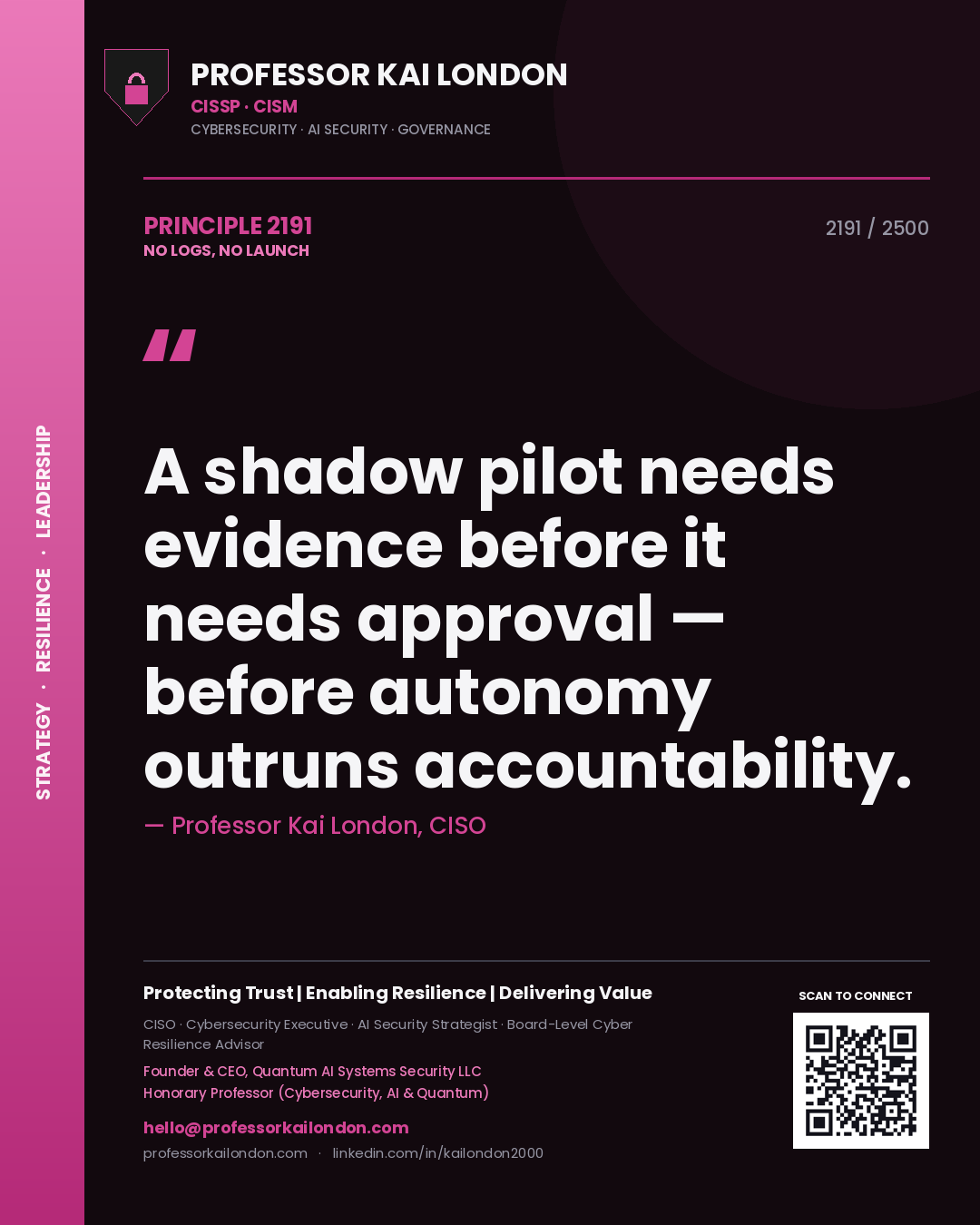 Quote card by Professor Kai London reading 'A shadow pilot needs evidence before it needs approval — before autonomy outruns accountability.'. From the book No Logs, No Launch.
