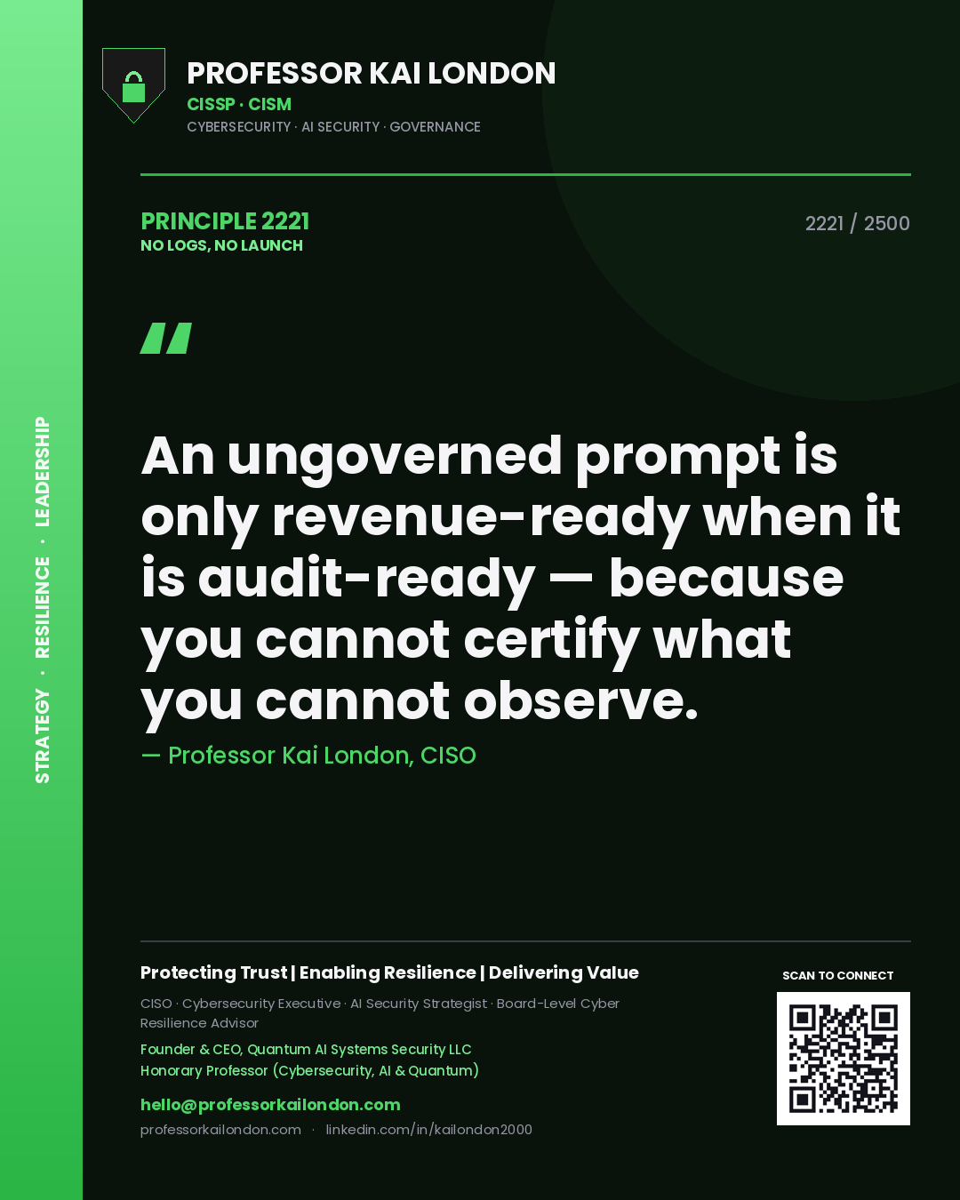 Quote card by Professor Kai London reading 'An ungoverned prompt is only revenue-ready when it is audit-ready — because you cannot certify what you cannot observe.'. From the book No Logs, No Launch.