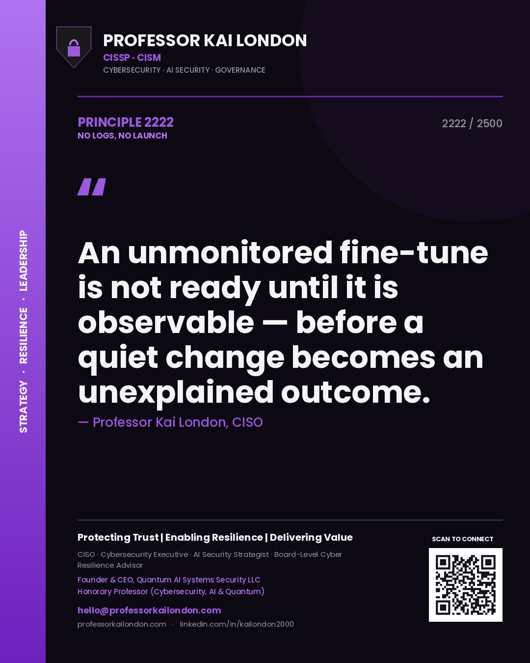 Quote card by Professor Kai London reading 'An unmonitored fine-tune is not ready until it is observable — before a quiet change becomes an unexplained outcome.'. From the book No Logs, No Launch.