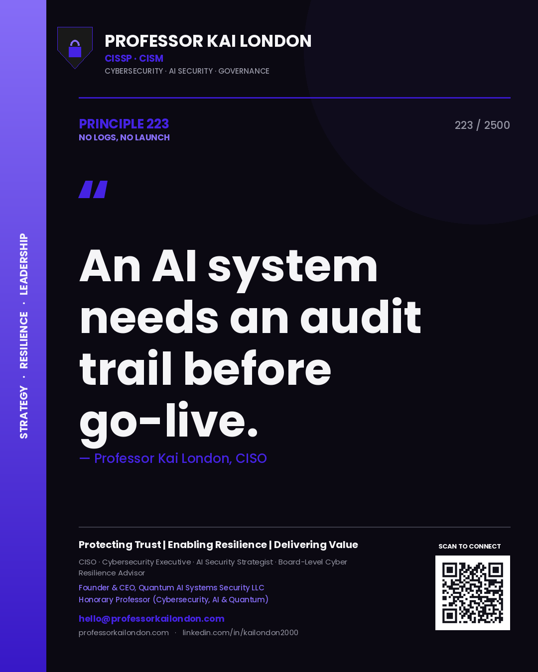 Professor Kai London principle 223: An AI system needs an audit trail before go-live.