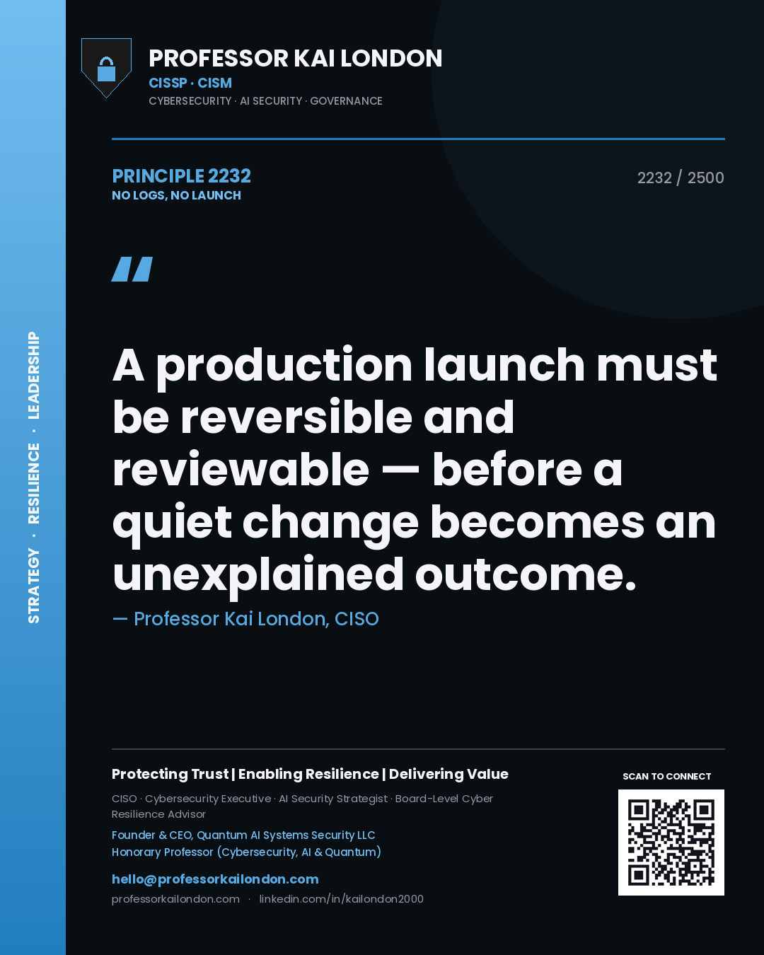 Professor Kai London principle 2232: A production launch must be reversible and reviewable — before a quiet change becomes an unexplained outcome.