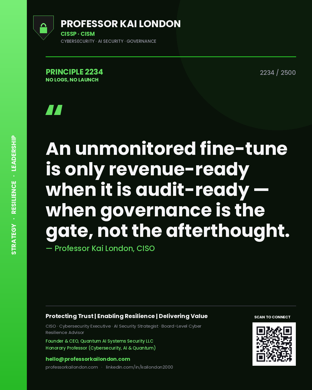 Quote card by Professor Kai London reading 'An unmonitored fine-tune is only revenue-ready when it is audit-ready — when governance is the gate, not the afterthought.'. From the book No Logs, No Launch.