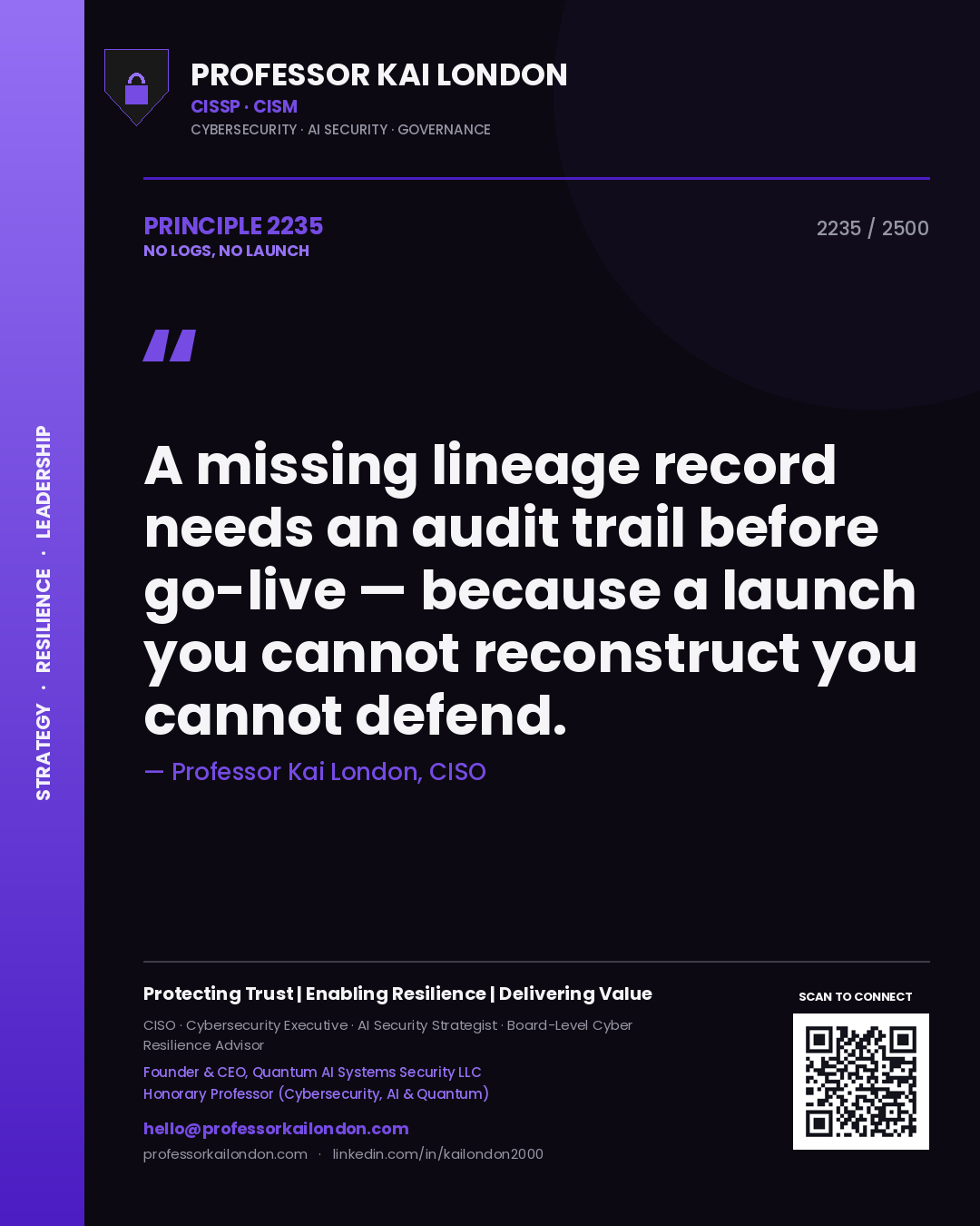 Quote card by Professor Kai London reading 'A missing lineage record needs an audit trail before go-live — because a launch you cannot reconstruct you cannot defend.'. From the book No Logs, No Launch.