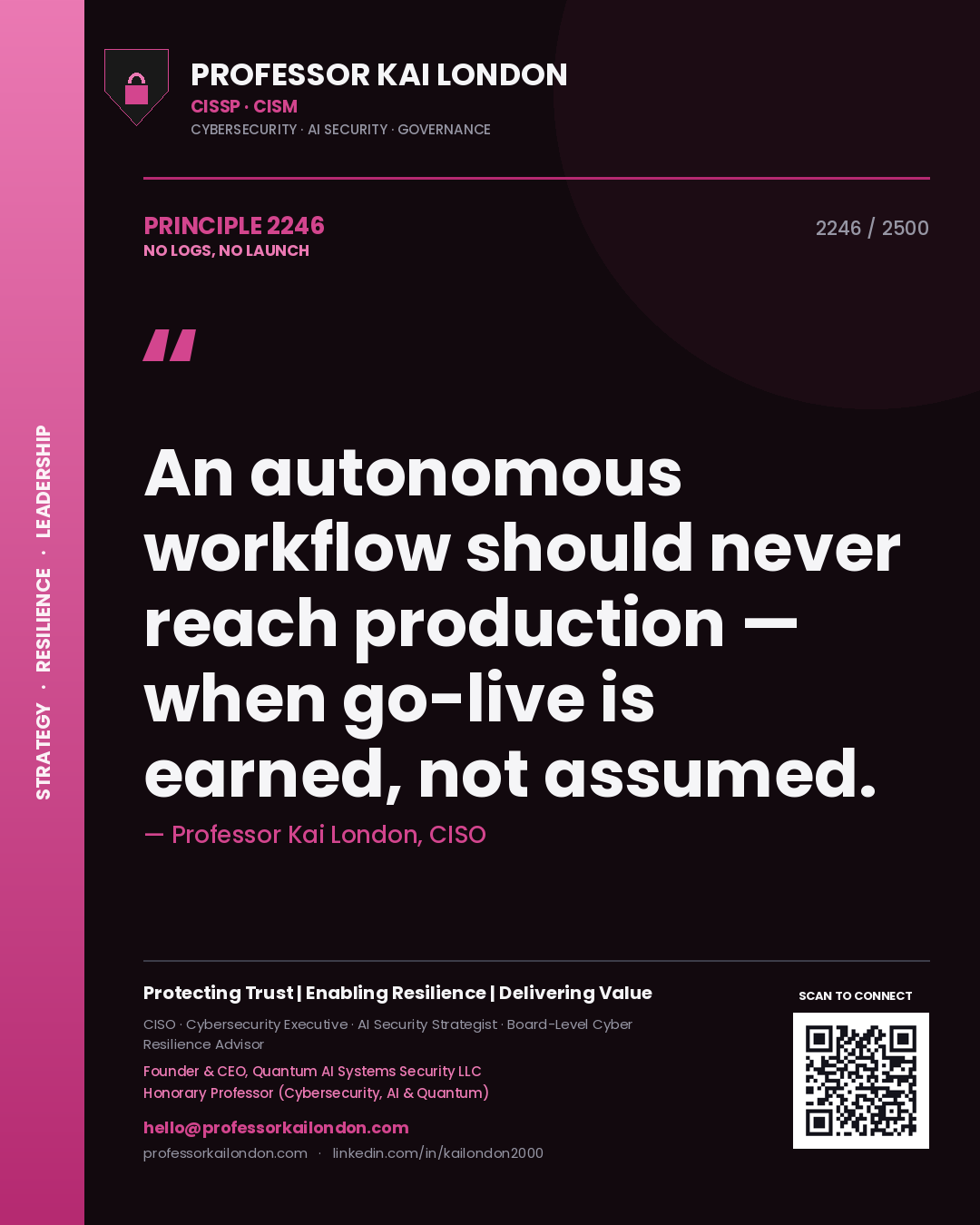 Professor Kai London principle 2246: An autonomous workflow should never reach production — when go-live is earned, not assumed.