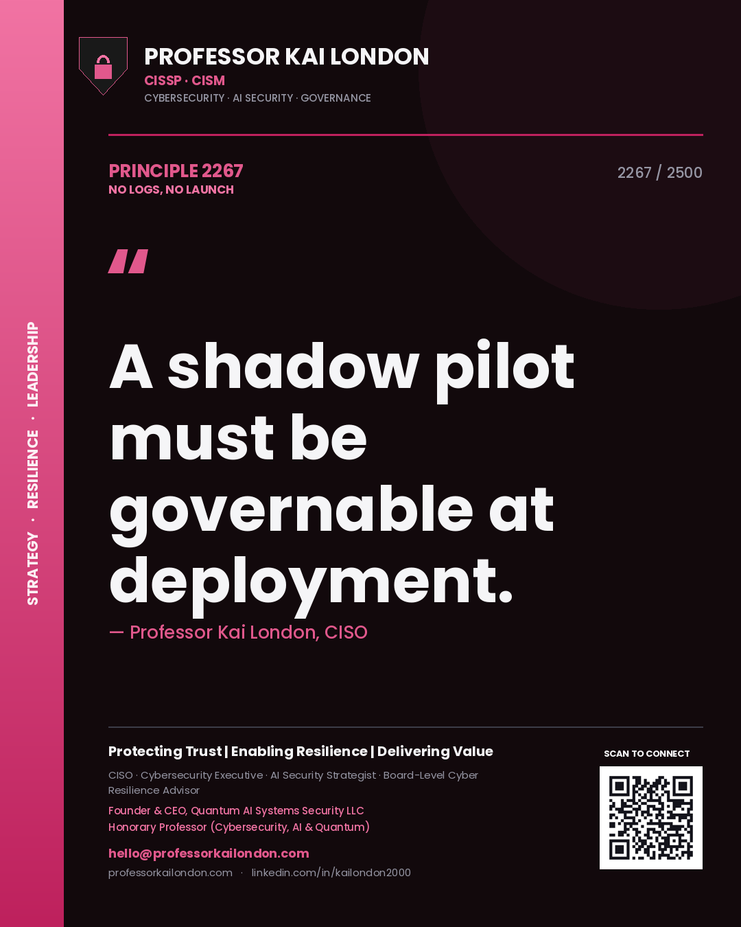 Quote card by Professor Kai London reading 'A shadow pilot must be governable at deployment.'. From the book No Logs, No Launch.