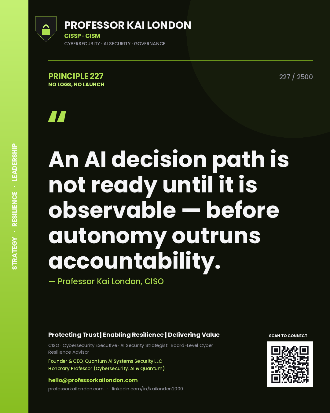 Quote card by Professor Kai London reading 'An AI decision path is not ready until it is observable — before autonomy outruns accountability.'. From the book No Logs, No Launch.