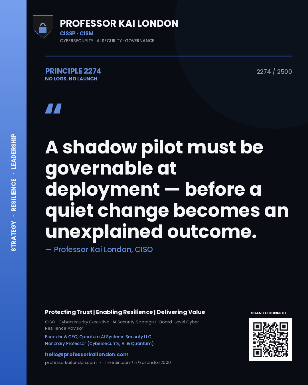 Quote card by Professor Kai London reading 'A shadow pilot must be governable at deployment — before a quiet change becomes an unexplained outcome.'. From the book No Logs, No Launch.