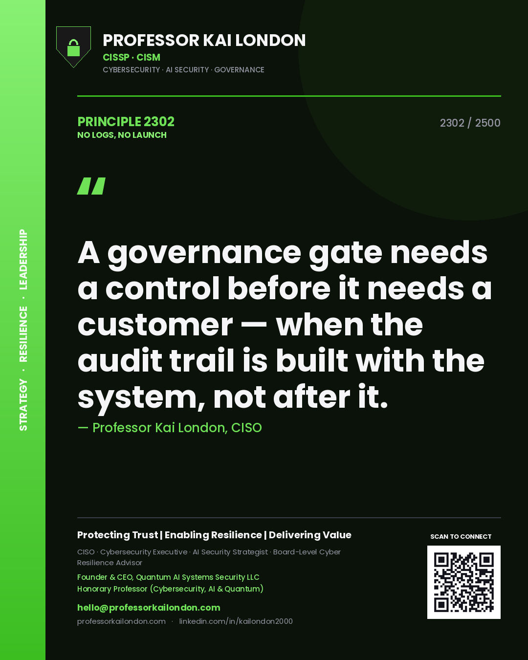 Quote card by Professor Kai London reading 'A governance gate needs a control before it needs a customer — when the audit trail is built with the system, not after it.'. From the book No Logs, No Launch.