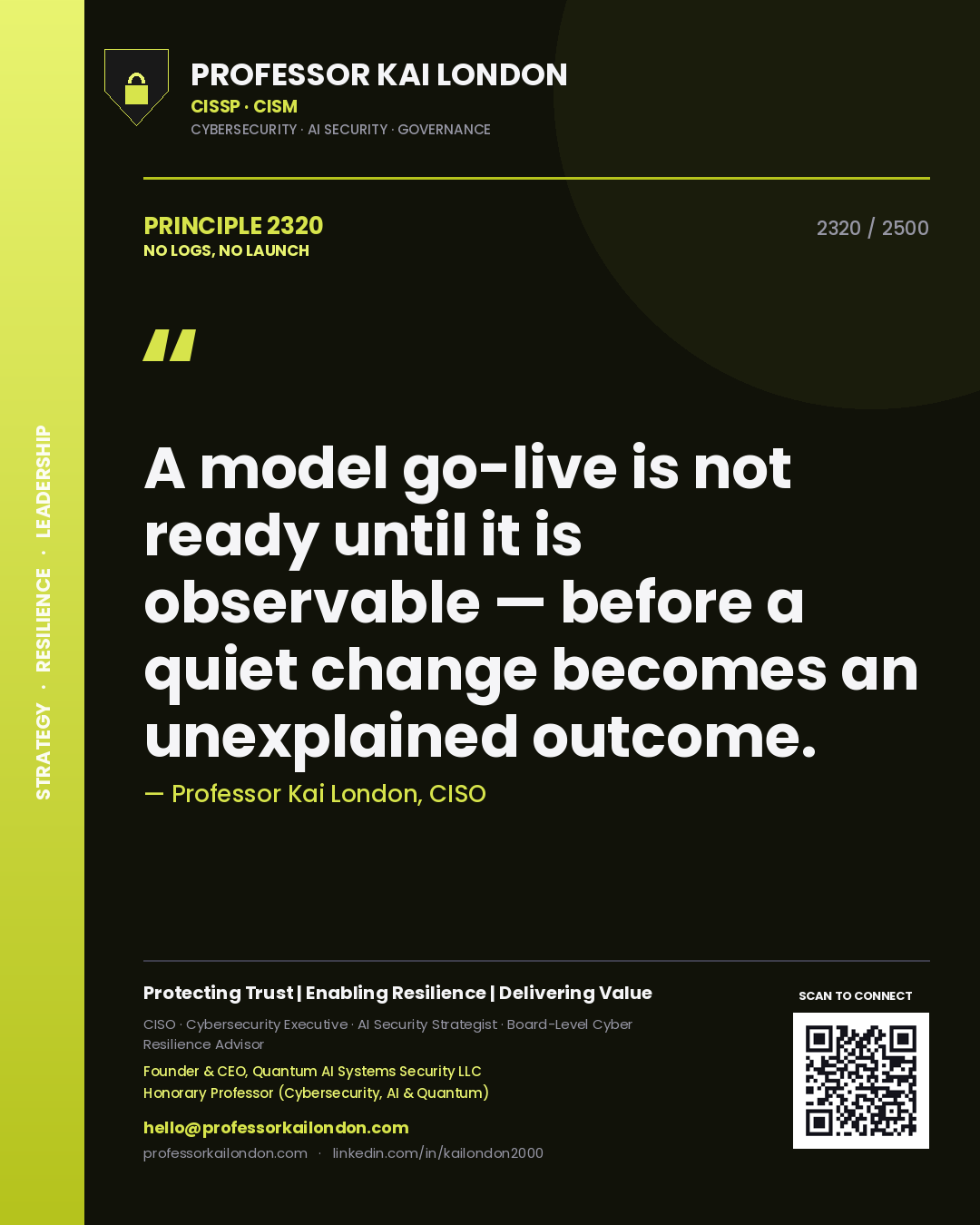 Professor Kai London principle 2320: A model go-live is not ready until it is observable — before a quiet change becomes an unexplained outcome.