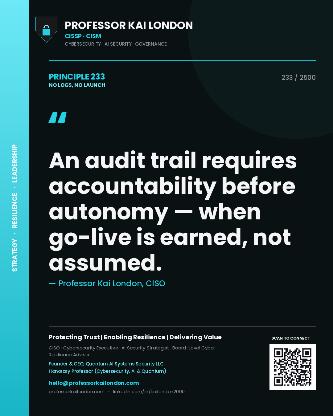 Professor Kai London principle 233: An audit trail requires accountability before autonomy — when go-live is earned, not assumed.
