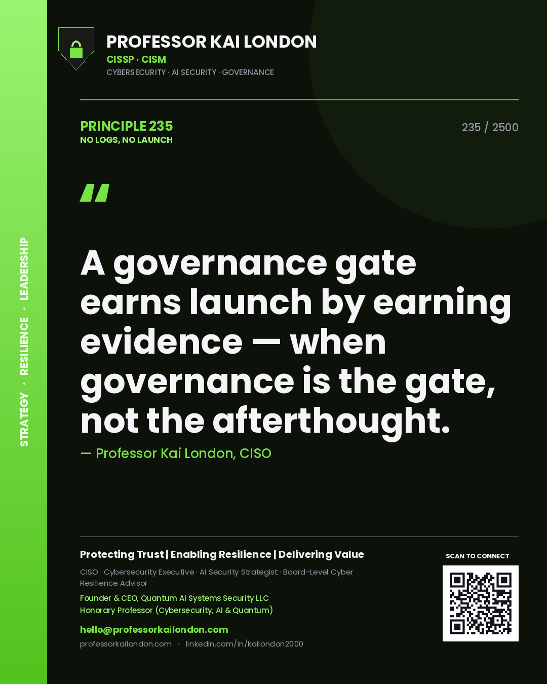 Quote card by Professor Kai London reading 'A governance gate earns launch by earning evidence — when governance is the gate, not the afterthought.'. From the book No Logs, No Launch.