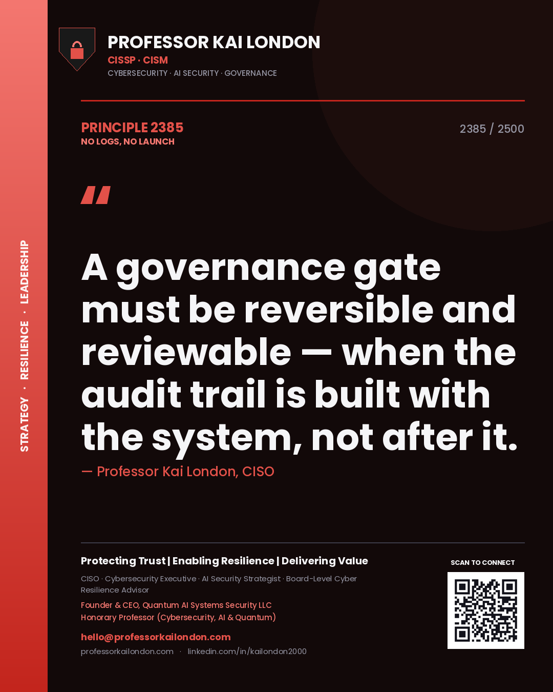 Professor Kai London principle 2385: A governance gate must be reversible and reviewable — when the audit trail is built with the system, not after it.