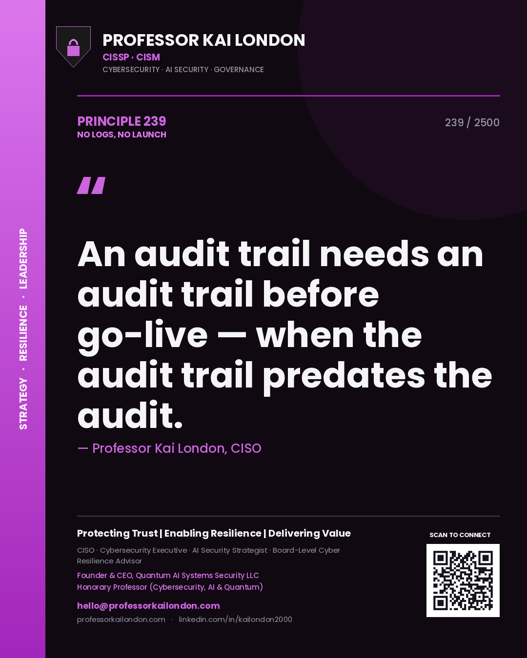 Professor Kai London principle 239: An audit trail needs an audit trail before go-live — when the audit trail predates the audit.