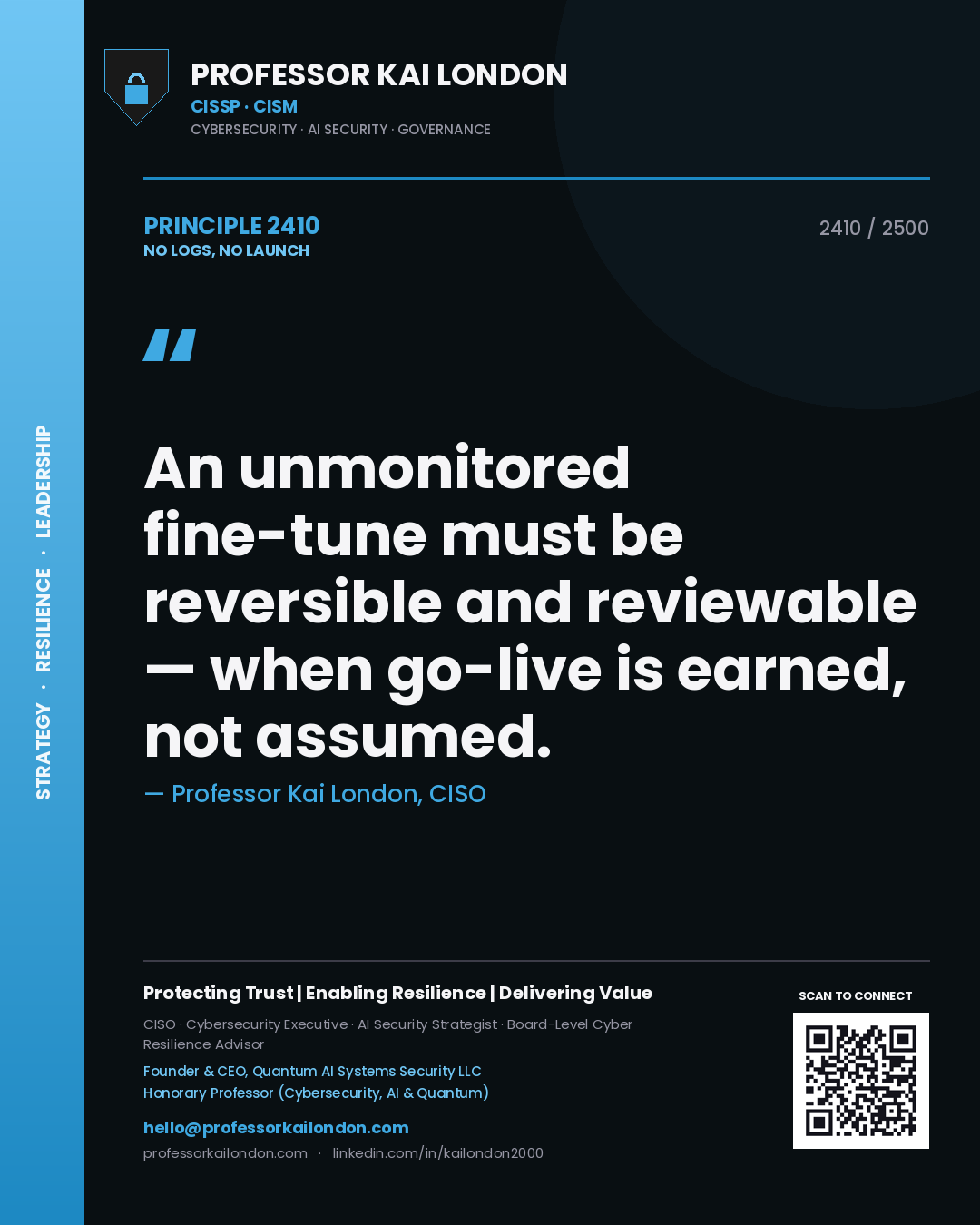 Quote card by Professor Kai London reading 'An unmonitored fine-tune must be reversible and reviewable — when go-live is earned, not assumed.'. From the book No Logs, No Launch.
