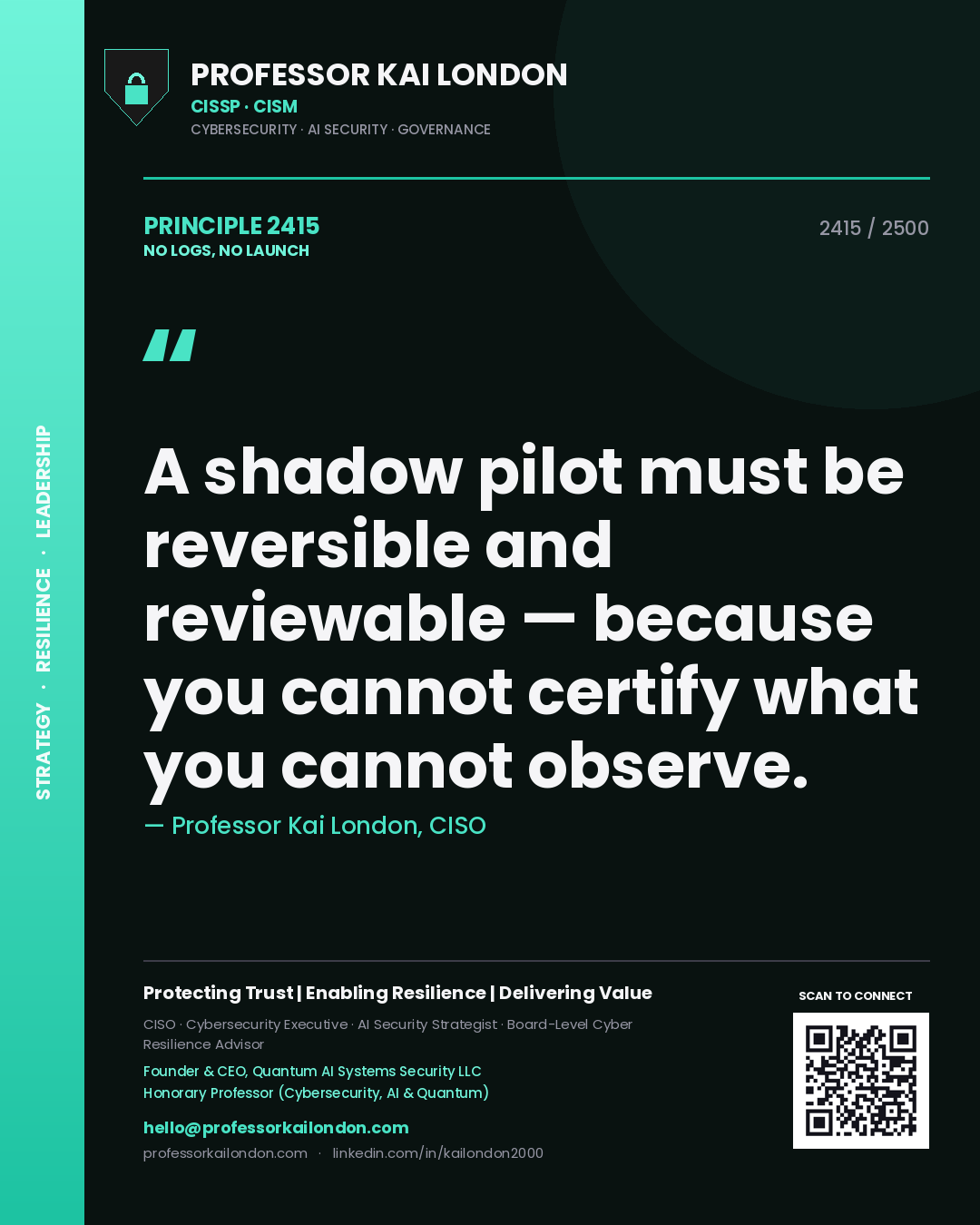 Professor Kai London principle 2415: A shadow pilot must be reversible and reviewable — because you cannot certify what you cannot observe.