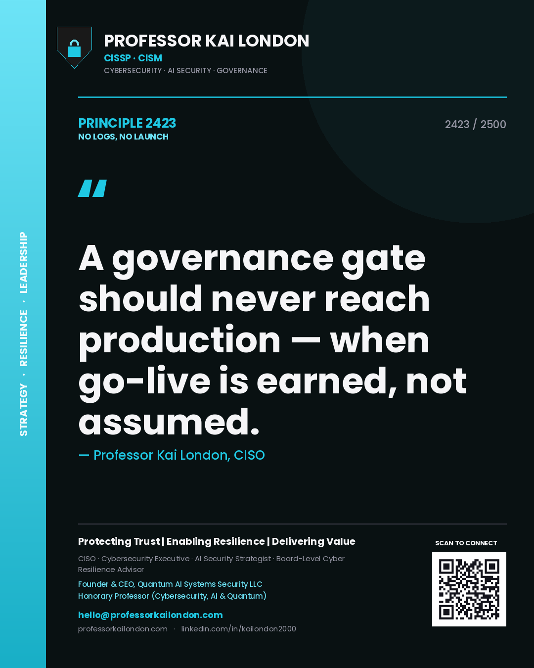 Quote card by Professor Kai London reading 'A governance gate should never reach production — when go-live is earned, not assumed.'. From the book No Logs, No Launch.