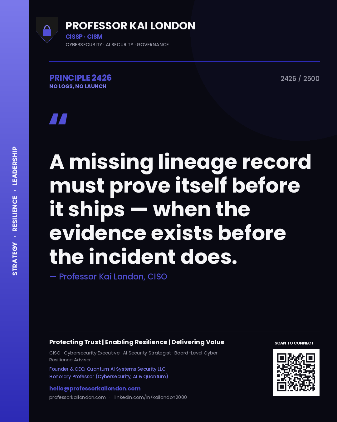 Professor Kai London principle 2426: A missing lineage record must prove itself before it ships — when the evidence exists before the incident does.