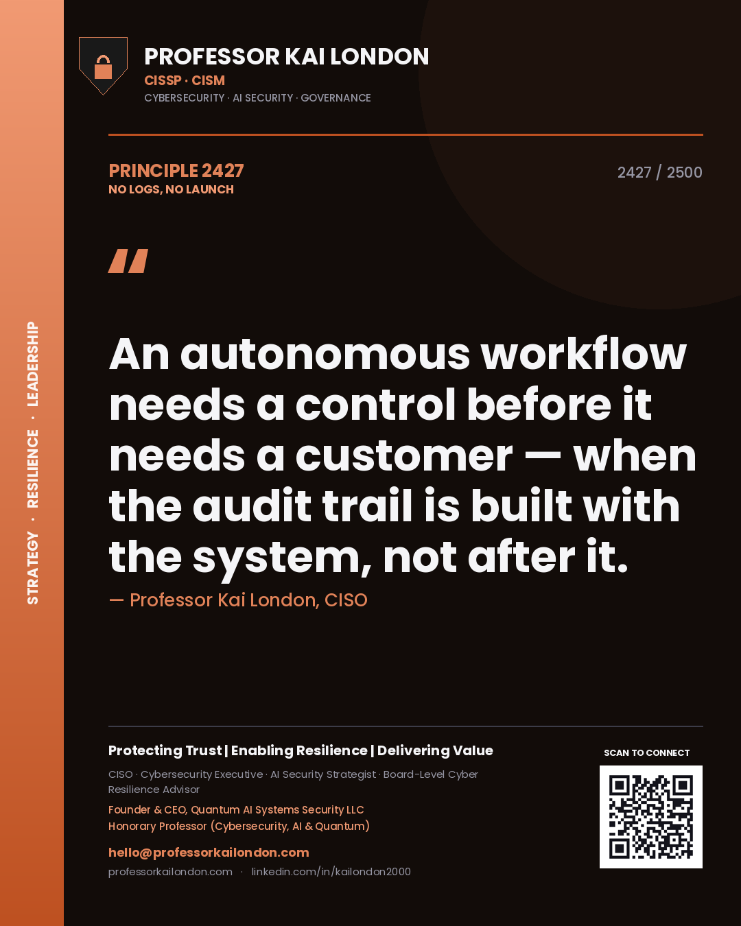 Professor Kai London principle 2427: An autonomous workflow needs a control before it needs a customer — when the audit trail is built with the system, not after it.