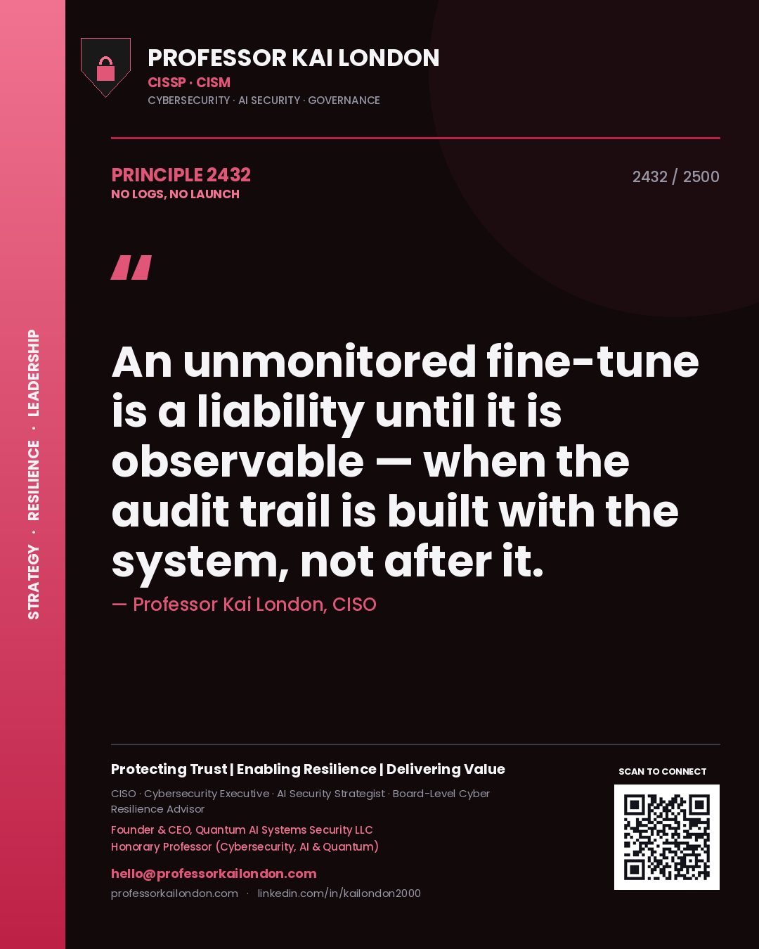 Professor Kai London principle 2432: An unmonitored fine-tune is a liability until it is observable — when the audit trail is built with the system, not after it.