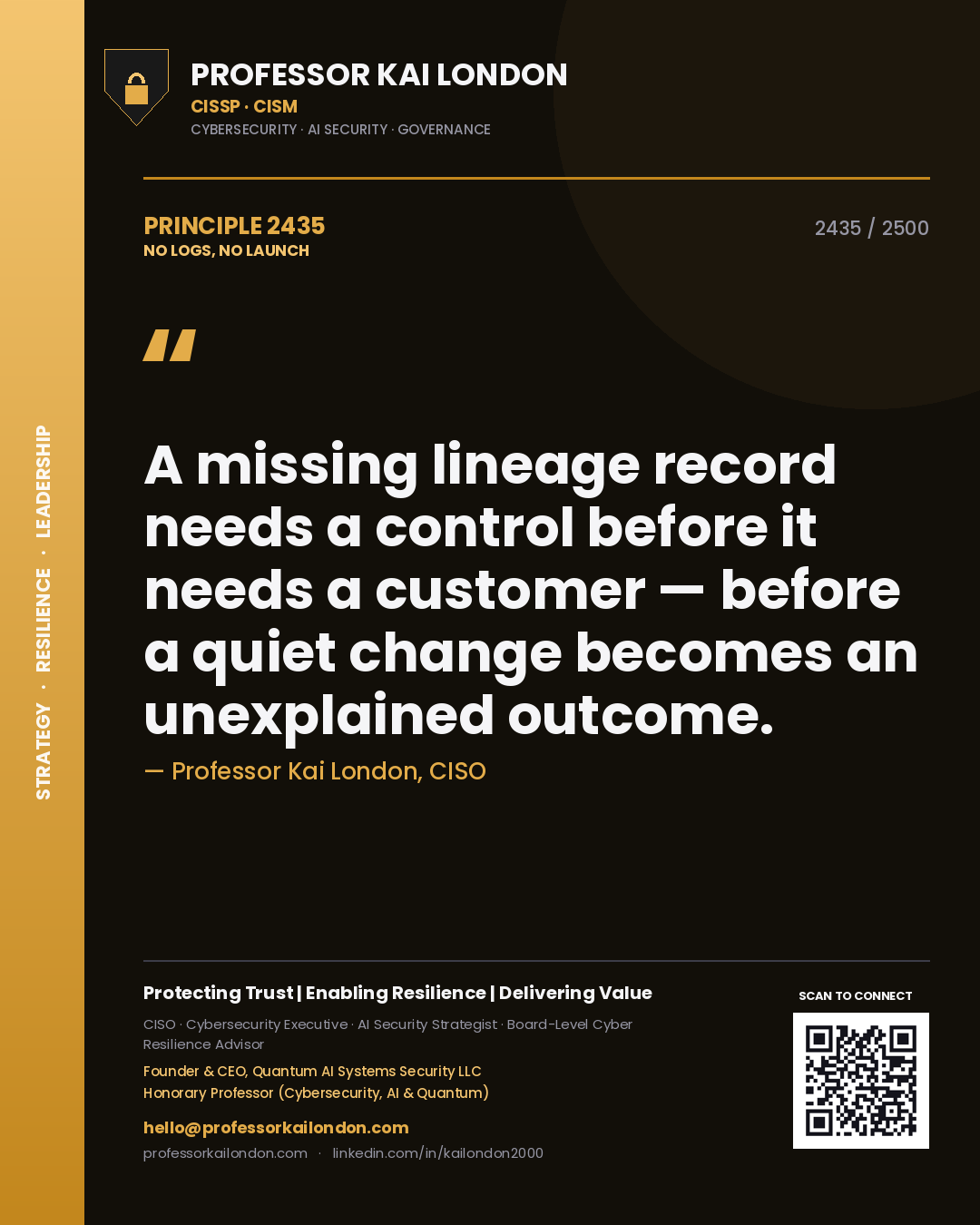 Quote card by Professor Kai London reading 'A missing lineage record needs a control before it needs a customer — before a quiet change becomes an unexplained outcome.'. From the book No Logs, No Launch.