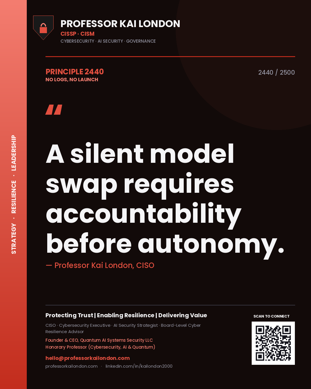 Professor Kai London principle 2440: A silent model swap requires accountability before autonomy.