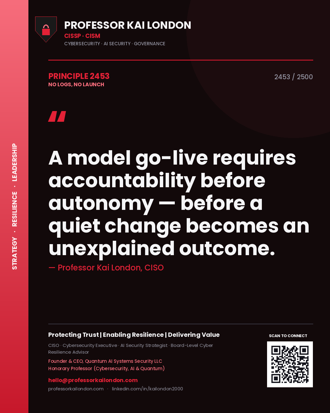 Professor Kai London principle 2453: A model go-live requires accountability before autonomy — before a quiet change becomes an unexplained outcome.