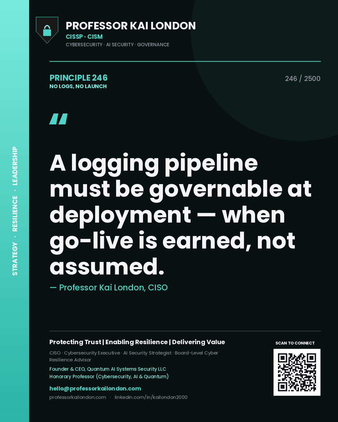 Professor Kai London principle 246: A logging pipeline must be governable at deployment — when go-live is earned, not assumed.