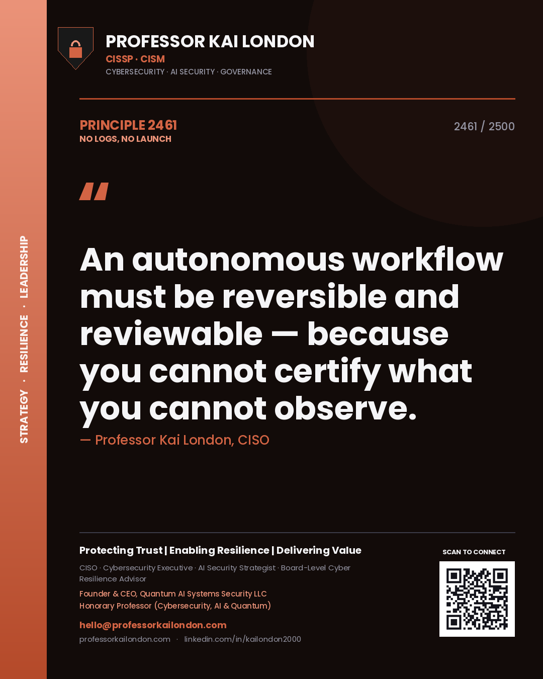 Professor Kai London principle 2461: An autonomous workflow must be reversible and reviewable — because you cannot certify what you cannot observe.