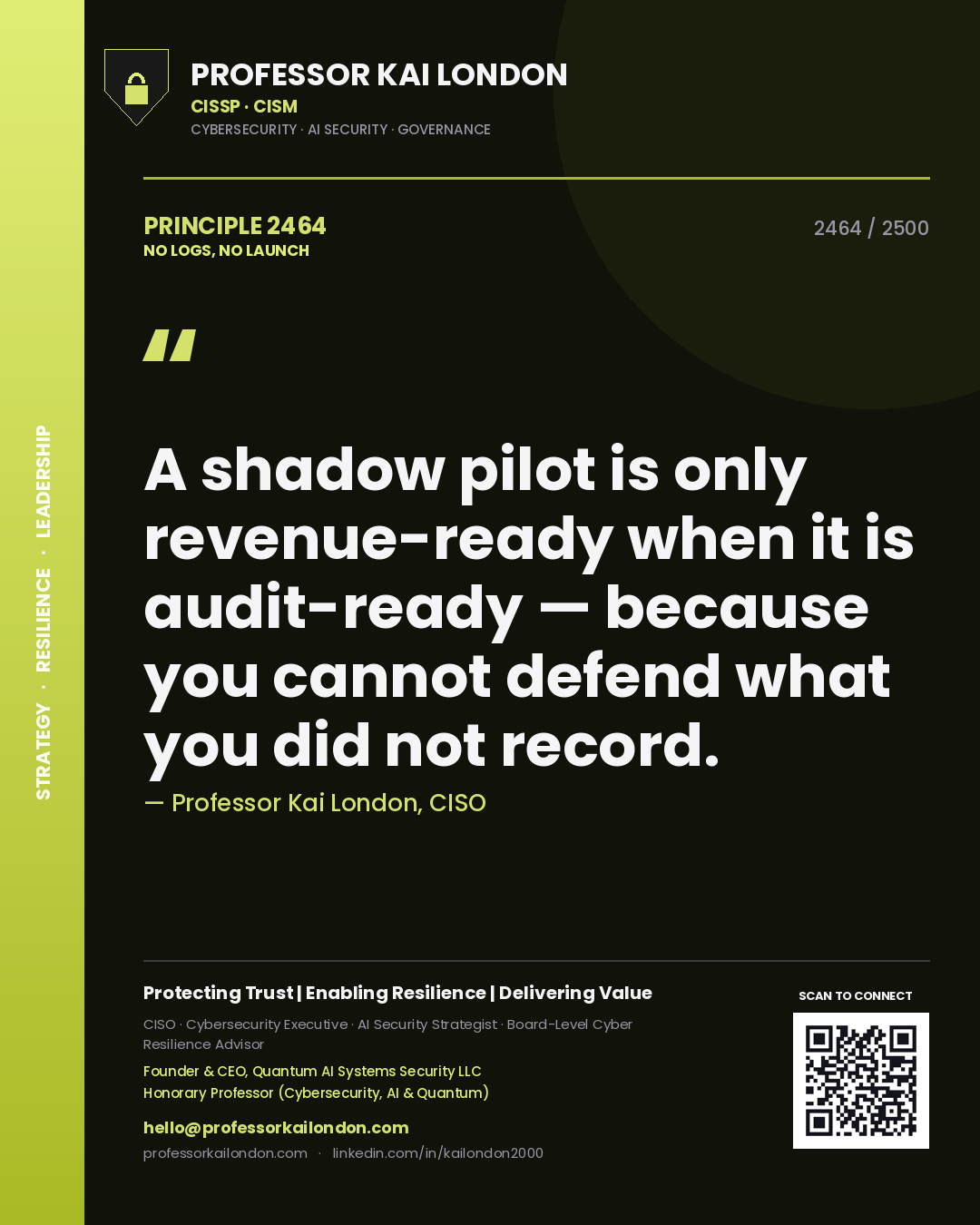 Quote card by Professor Kai London reading 'A shadow pilot is only revenue-ready when it is audit-ready — because you cannot defend what you did not record.'. From the book No Logs, No Launch.