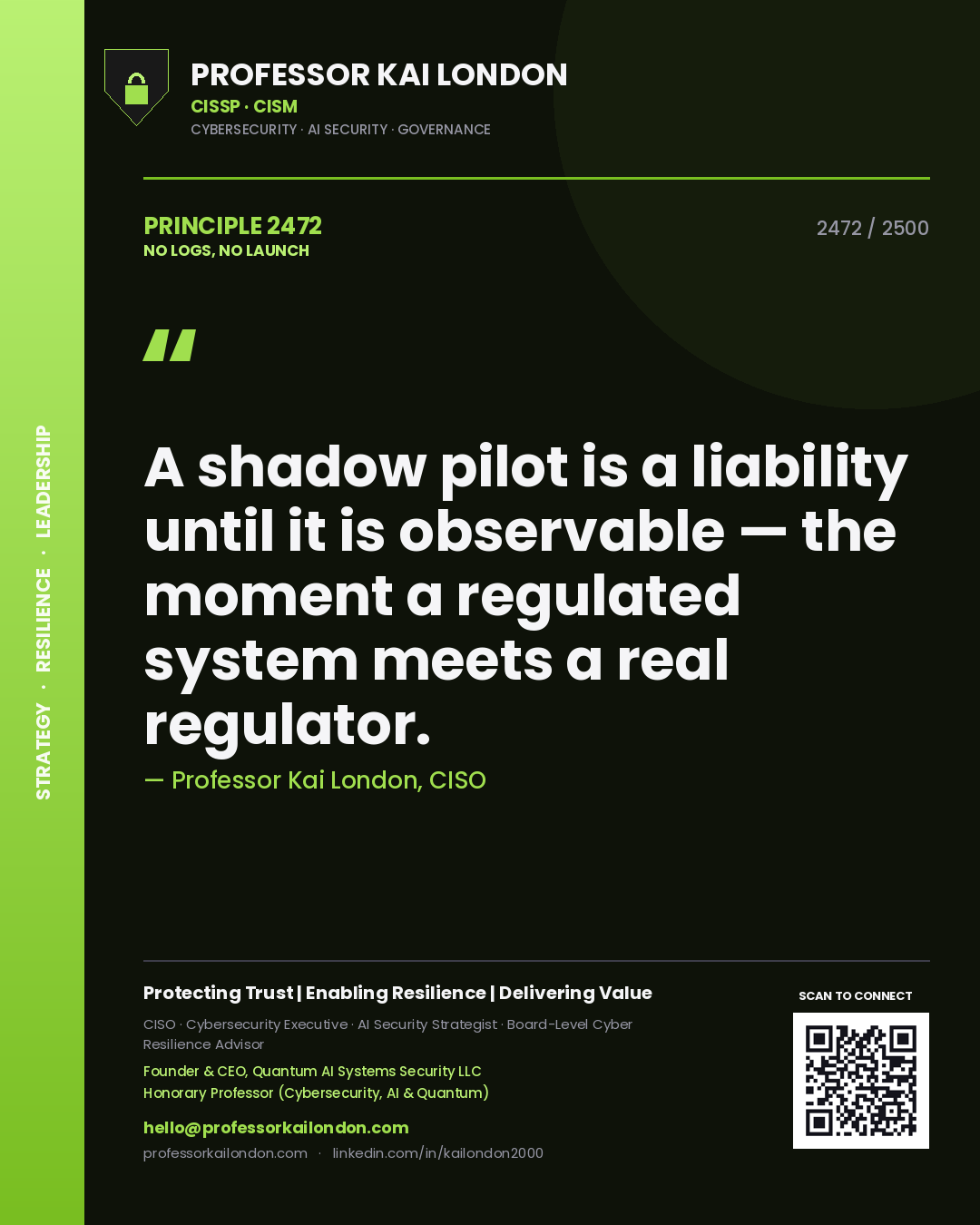 Quote card by Professor Kai London reading 'A shadow pilot is a liability until it is observable — the moment a regulated system meets a real regulator.'. From the book No Logs, No Launch.