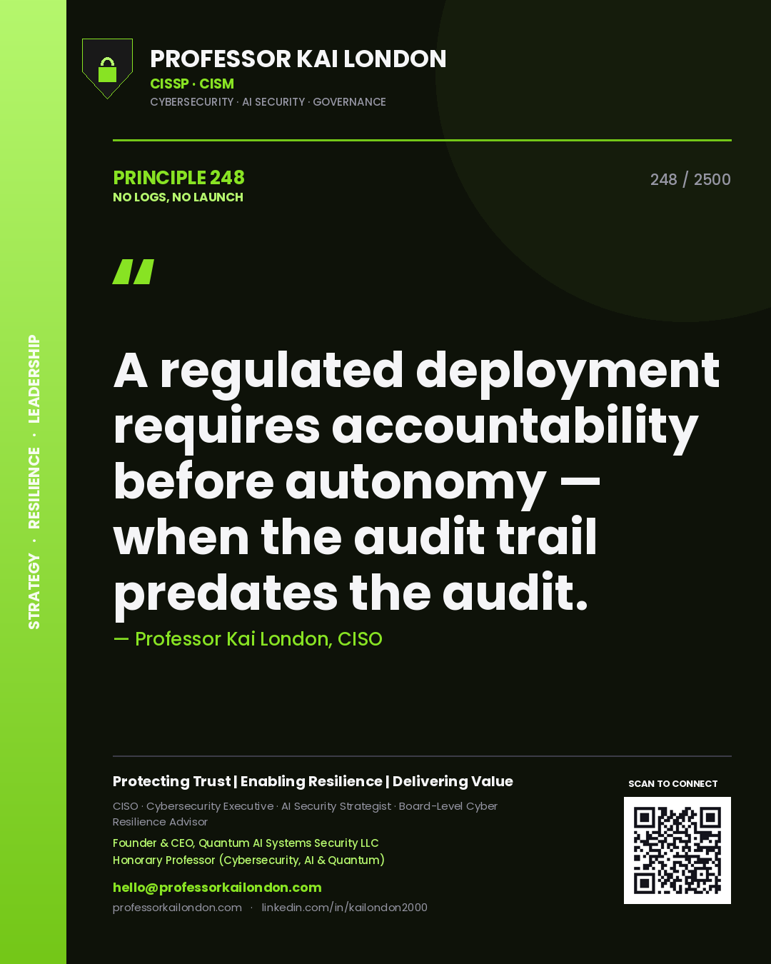 Professor Kai London principle 248: A regulated deployment requires accountability before autonomy — when the audit trail predates the audit.