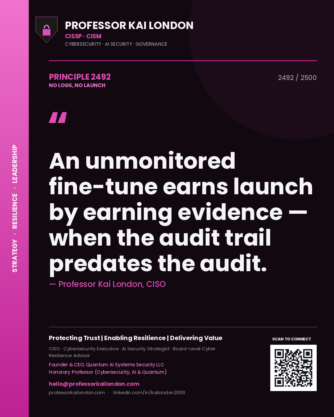 Quote card by Professor Kai London reading 'An unmonitored fine-tune earns launch by earning evidence — when the audit trail predates the audit.'. From the book No Logs, No Launch.