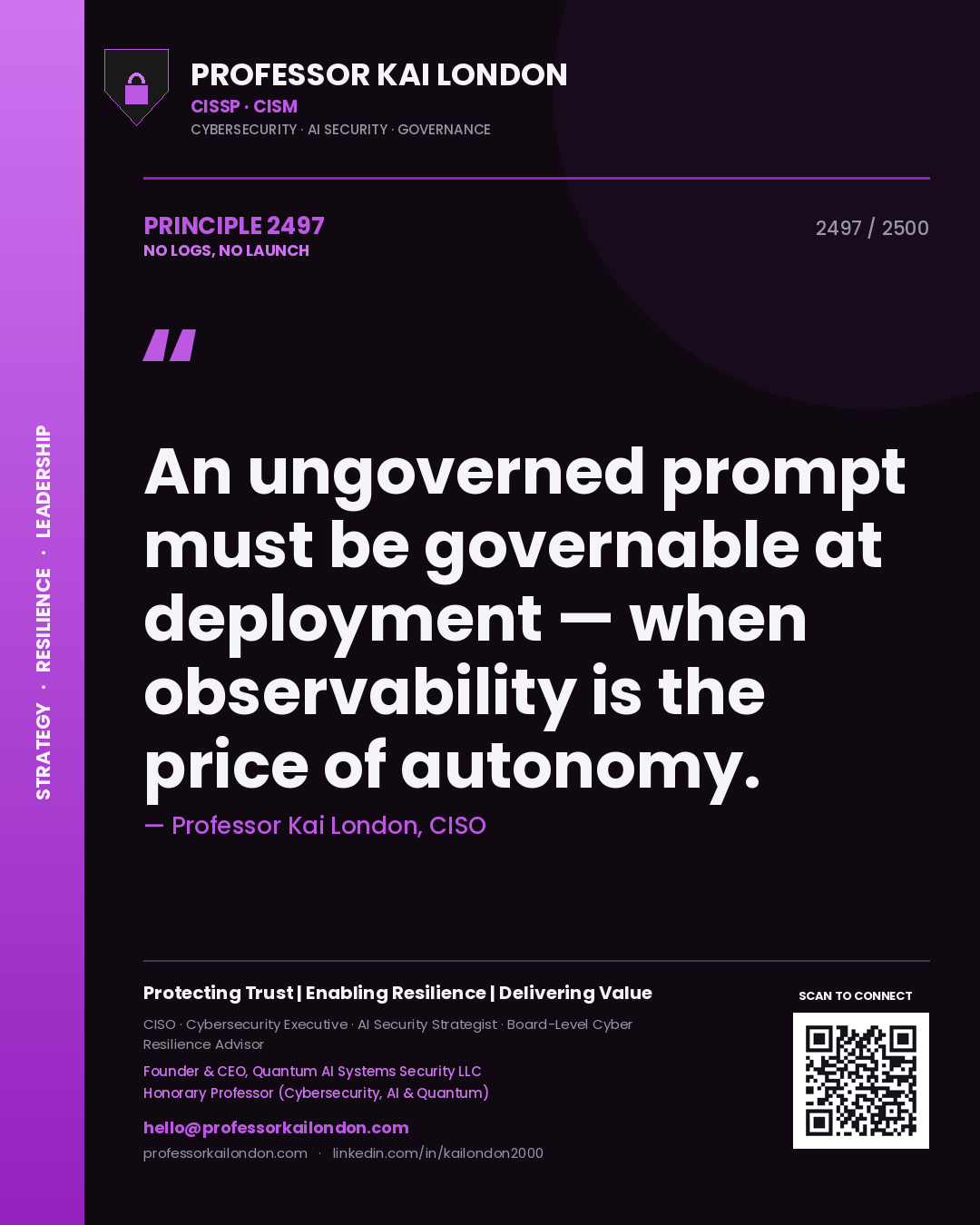 Professor Kai London principle 2497: An ungoverned prompt must be governable at deployment — when observability is the price of autonomy.