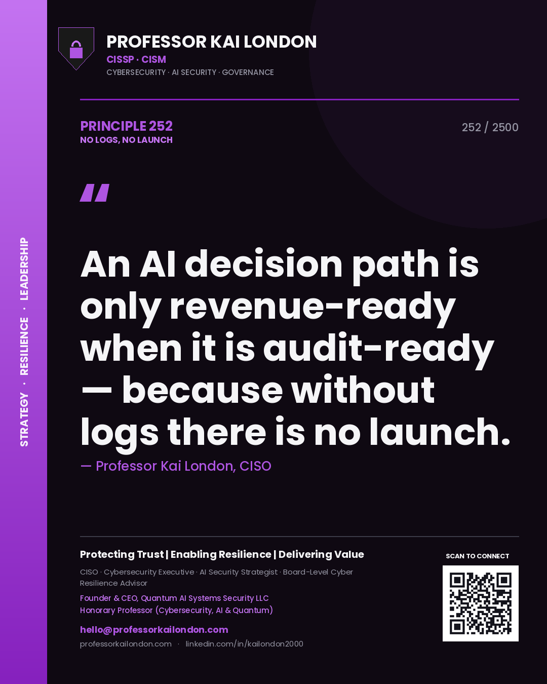 Professor Kai London principle 252: An AI decision path is only revenue-ready when it is audit-ready — because without logs there is no launch.
