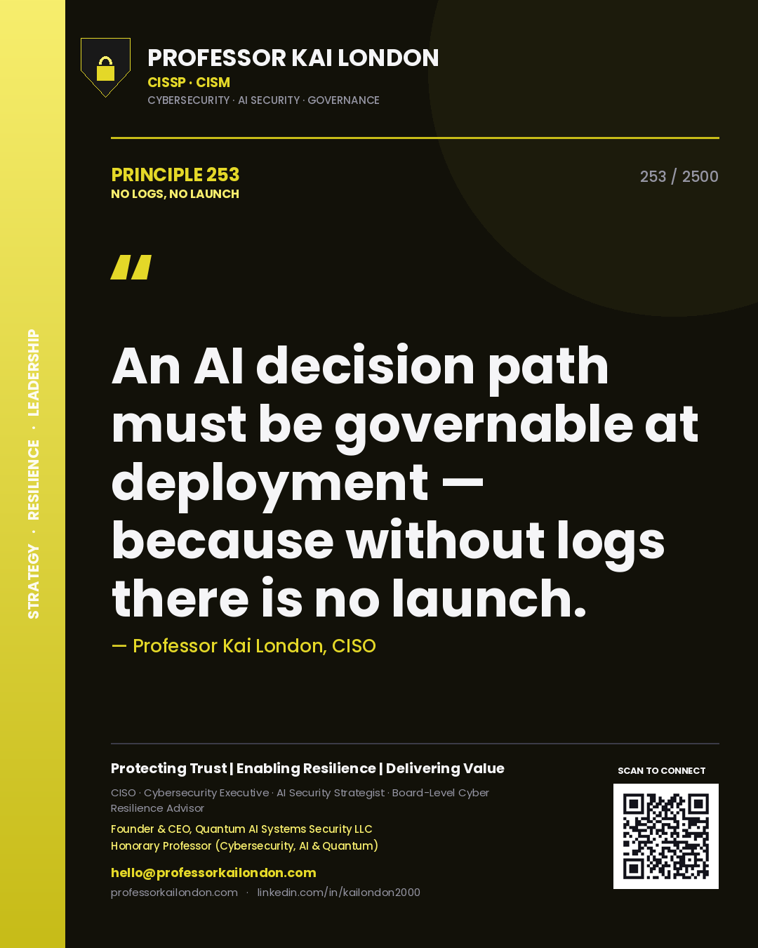Professor Kai London principle 253: An AI decision path must be governable at deployment — because without logs there is no launch.