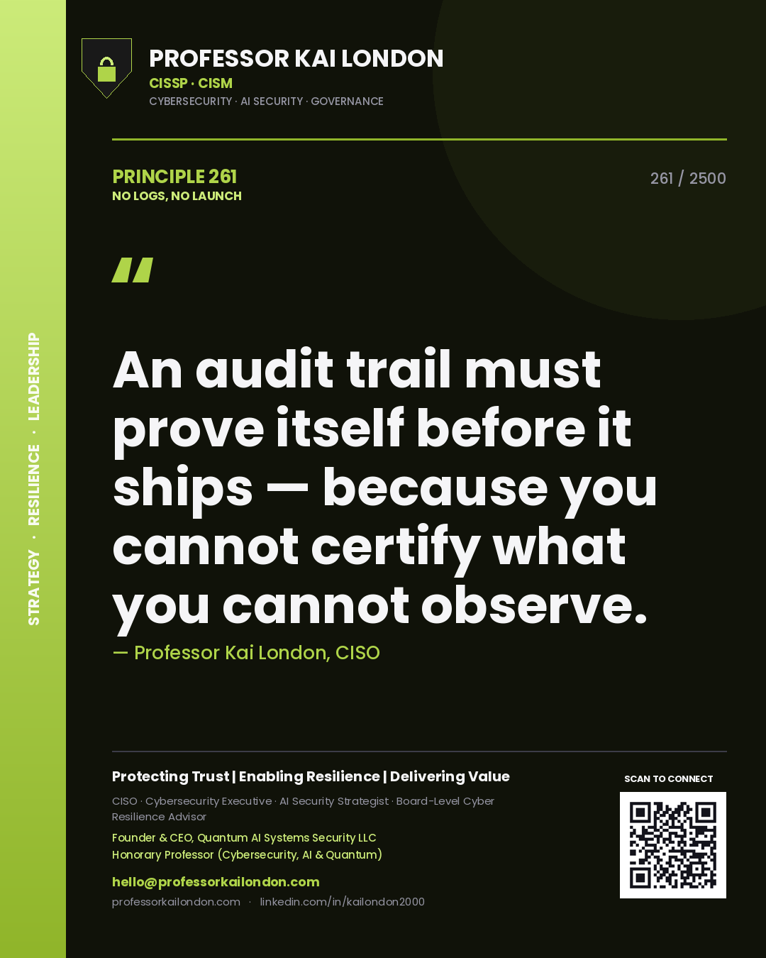 Professor Kai London principle 261: An audit trail must prove itself before it ships — because you cannot certify what you cannot observe.