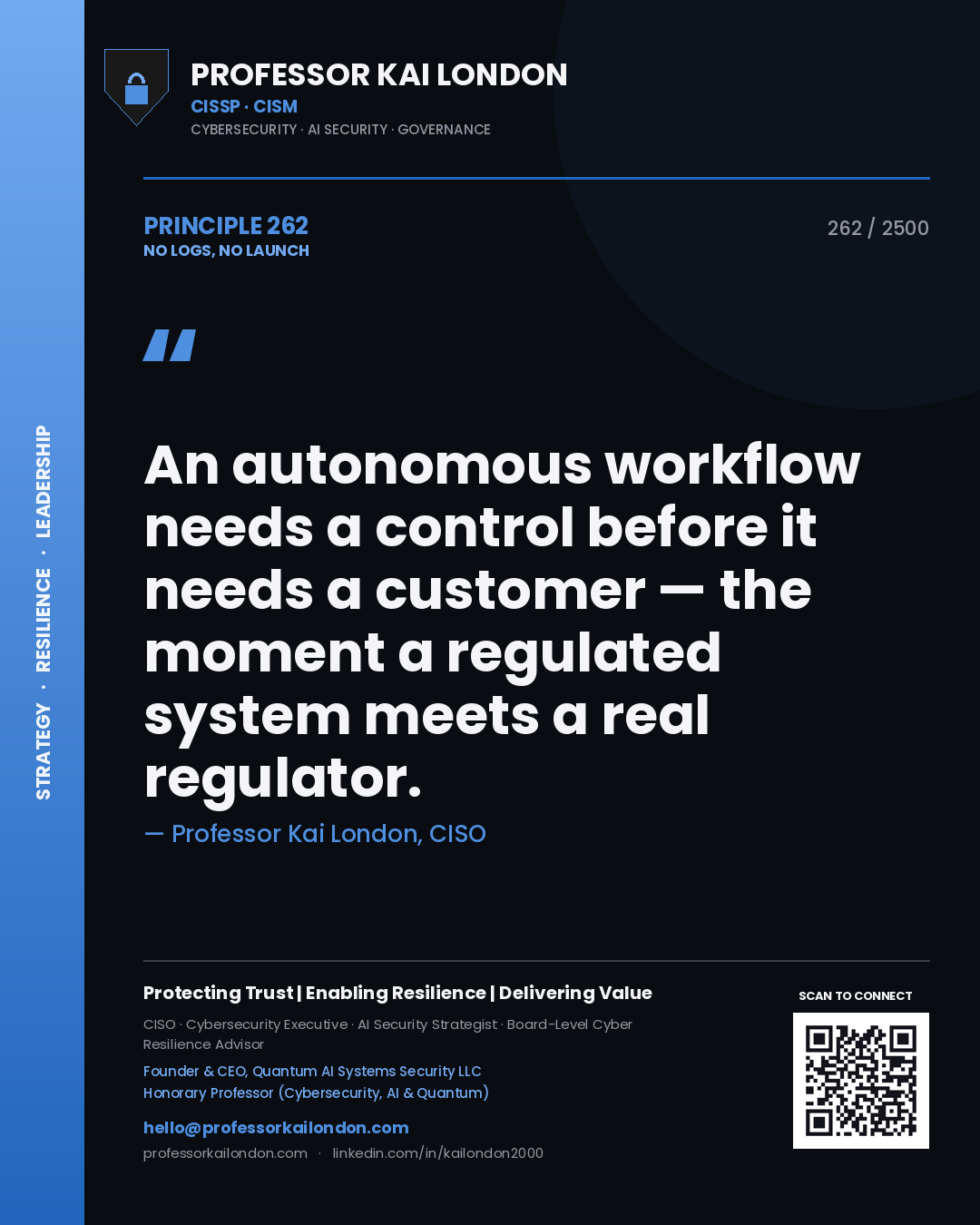 Professor Kai London principle 262: An autonomous workflow needs a control before it needs a customer — the moment a regulated system meets a real regulator.