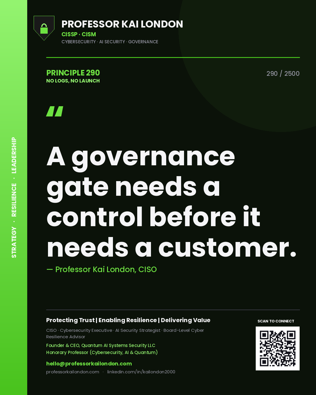 Quote card by Professor Kai London reading 'A governance gate needs a control before it needs a customer.'. From the book No Logs, No Launch.